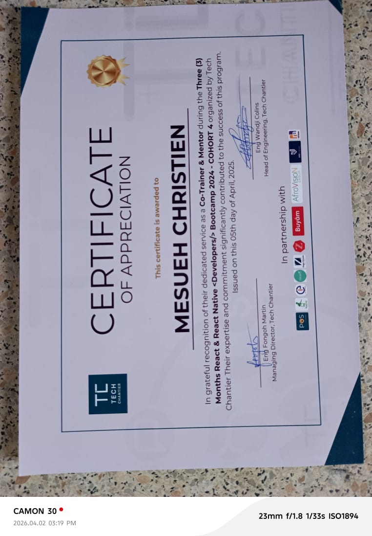 Tech Chantier Certificate of Appreciation awarded to Mesueh Christien